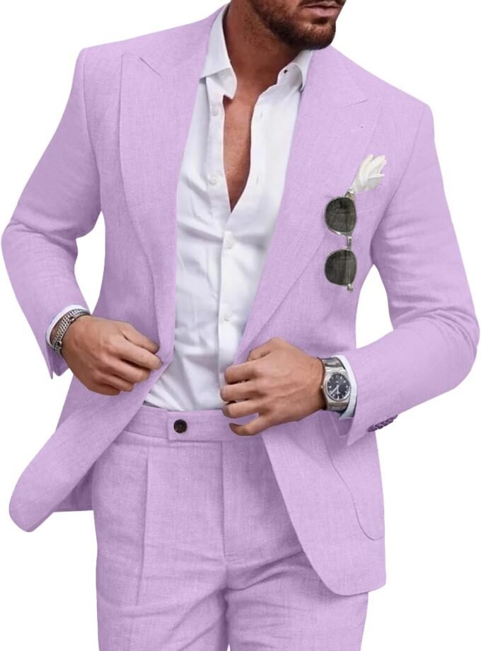 Linen Men Suit Set Casual Tuxedo 2 Piece Regular Fit Blazer One Button Solid Jacket and Pants for Prom Wedding Party