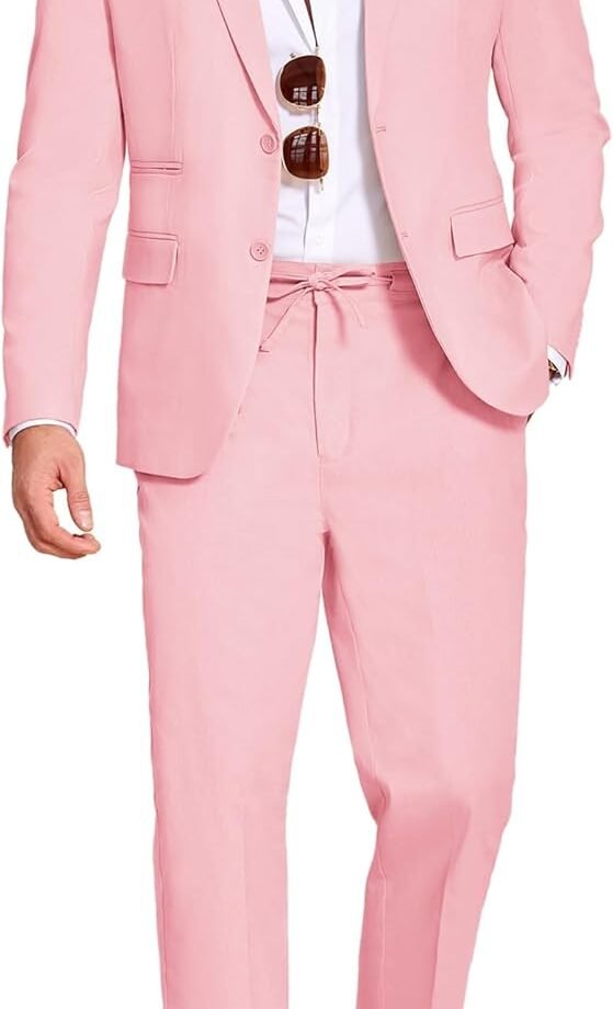 Men's 2 Piece Linen Suits Set Regular Fit Casual Lightweight Blazer Jacket and Pants