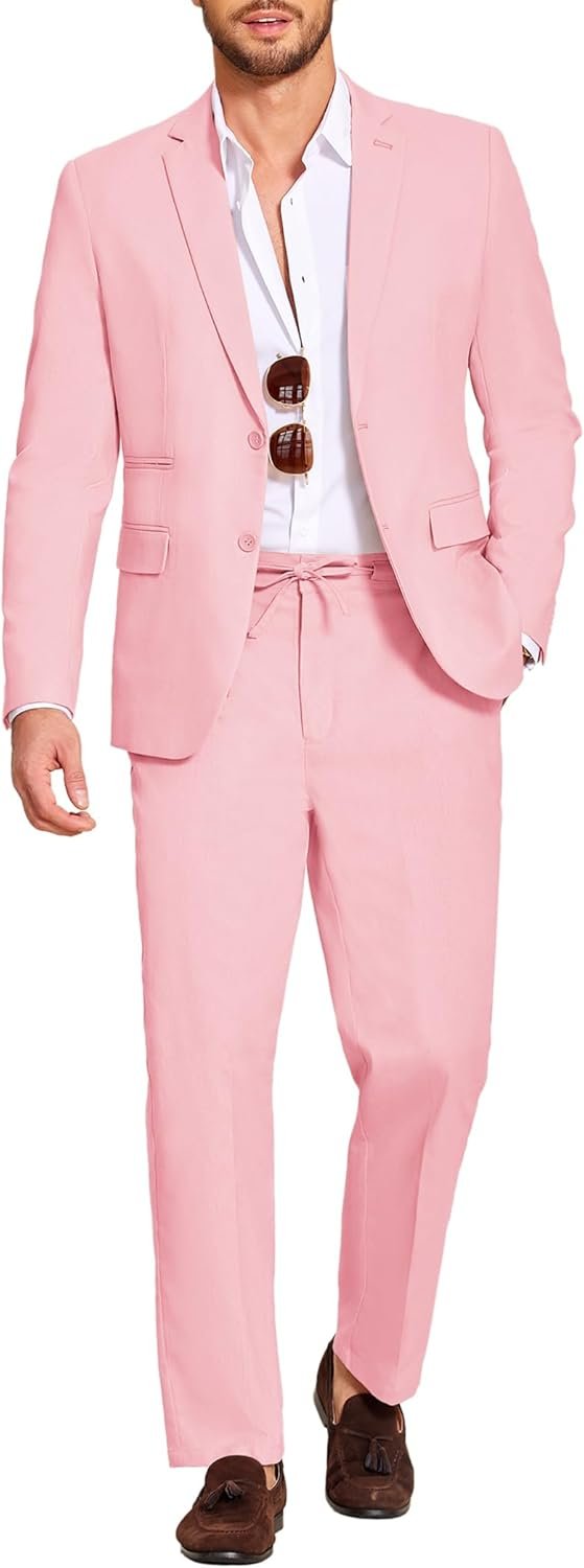 Men's 2 Piece Linen Suits Set Regular Fit Casual Lightweight Blazer Jacket and Pants