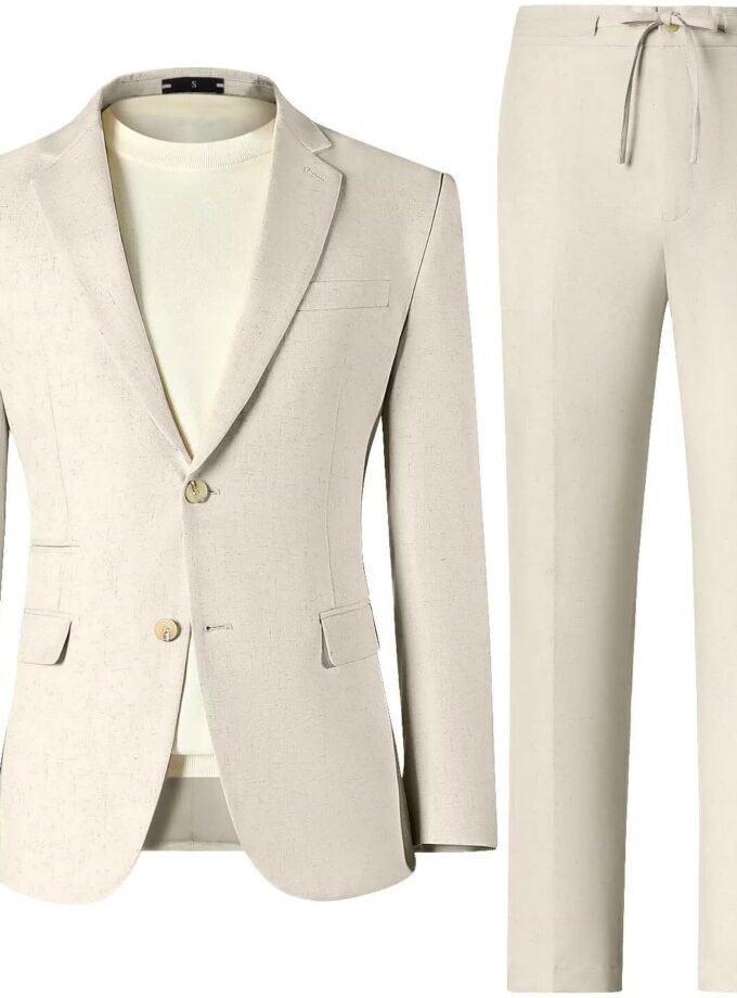 Men's Linen Suits 2 Piece Casual Regular Fit Linen Blazer Jacket and Pants for Summer Beach Wedding