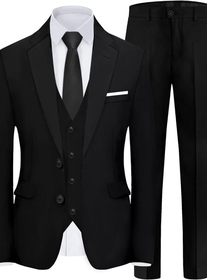 Men's Slim Fit 5-Piece Suit Set with Stretch - Jacket, Vest, Pants, Bow Tie & Necktie (2-Button Design)