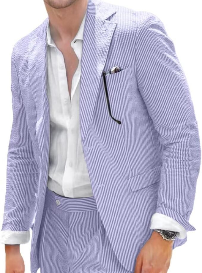 Seersucker Suit Mens 2 Piece Summer Beach Wedding Outfit for Men Classic Fit Casual Sear Sucker Suit for Grooms Prom Party