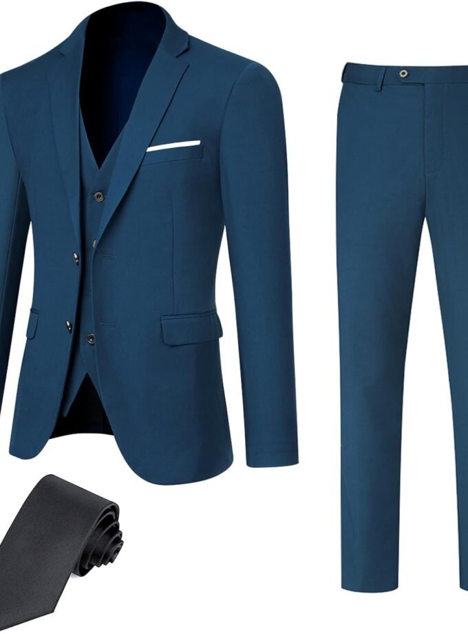Men's 3 Piece Slim Fit Suit Set, 2 Button Blazer Jacket Vest Pants with Tie, Mens Suit for Party, Wedding & Business