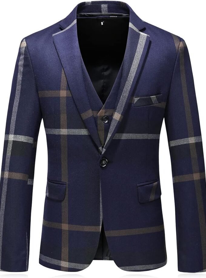 Mens Suits 3 Piece Check Plaid Suit Single Breasted One Button Jackets Formal Dress Party Prom Tuxedo Suits Blazer Set