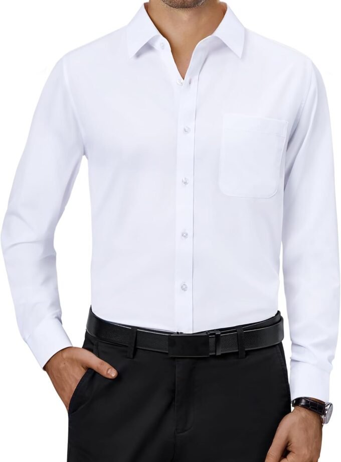 Mens Dress Shirts 4-Way Stretch Long Sleeve Collared Casual Solid Wedding Dating Button Down Shirt