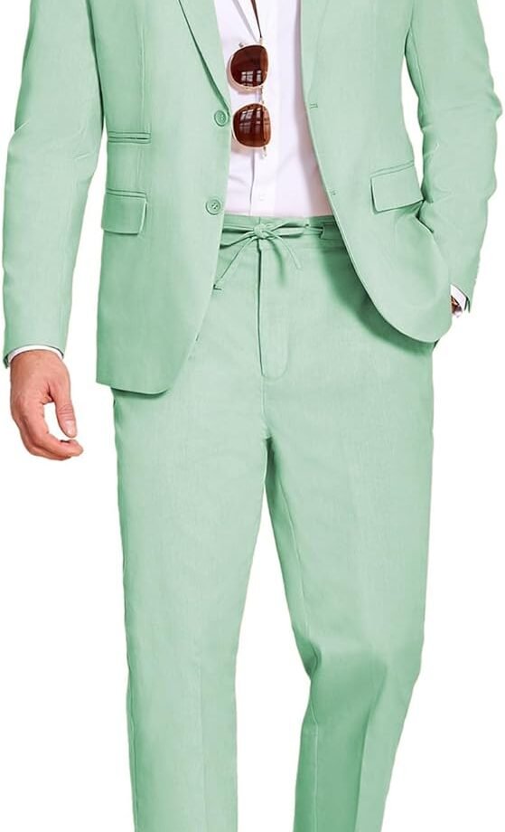 Men's 2 Piece Linen Suits Set Regular Fit Casual Lightweight Blazer Jacket and Pants