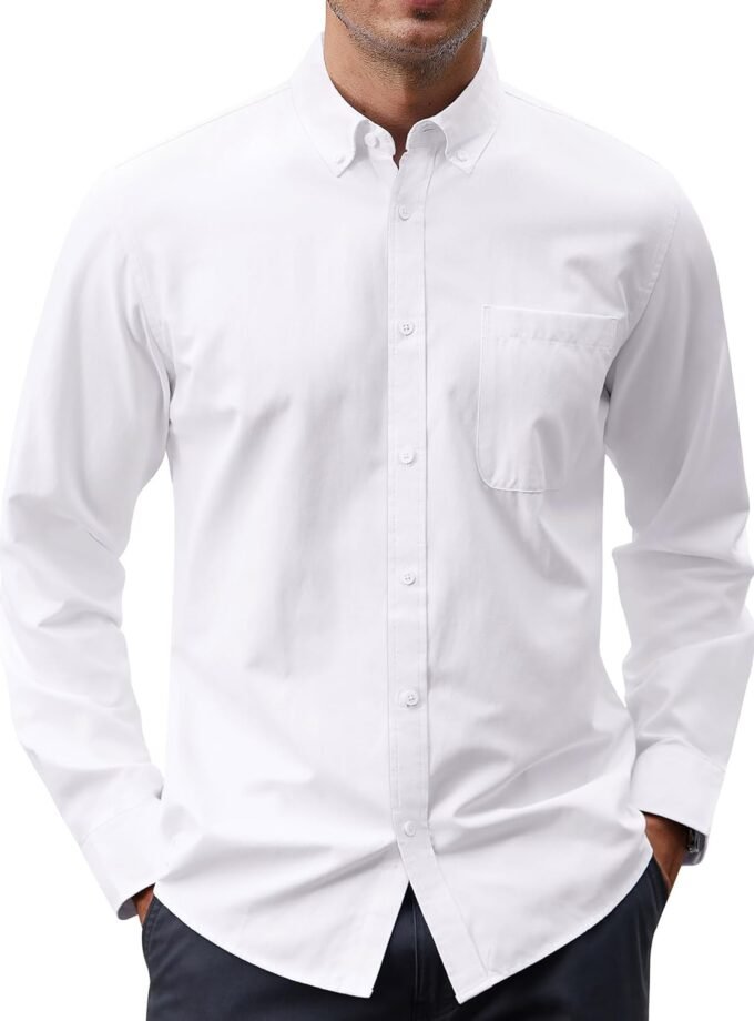 Men's Oxford Shirt Solid Casual Button Down Collar Shirts Long Sleeve Dress Shirts with Pocket