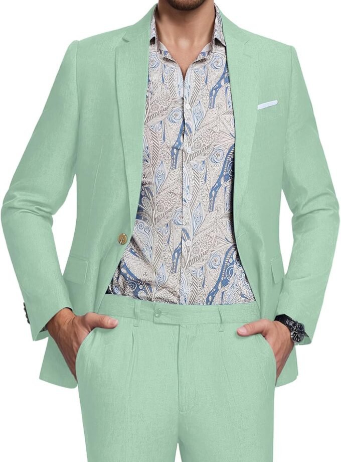Men's Suit Tencel Linen Two Piece Slim Fit Summer Grooms Wedding Prom Dress Tuxedo Suits for Men Blazer Pants Set
