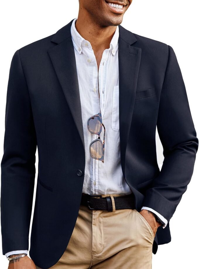 Mens Casual Blazer Wool Blend Sport Coat One Button Lightweight Business Suit Jackets