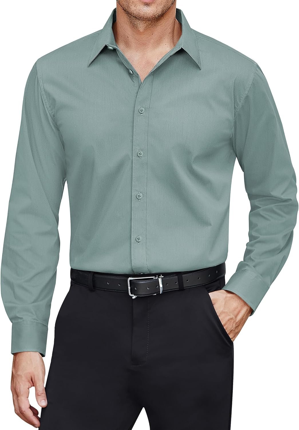 Men's Dress Shirts Stretch Stain Shield Long Sleeve Solid Formal Shirt Business Casual Button Down Shirts