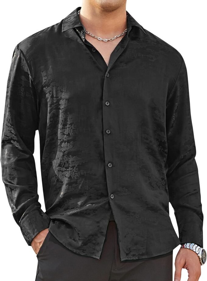 Mens Luxury Satin Dress Shirt Long Sleeve Silk Shiny Sateen Party Shirt
