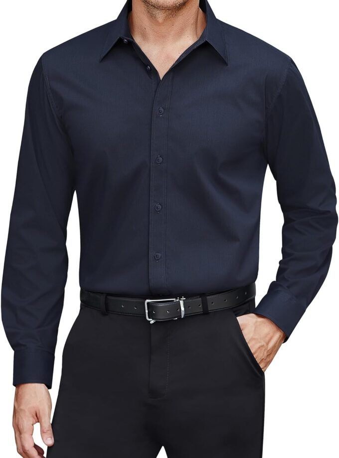 Men's Dress Shirts Stretch Stain Shield Long Sleeve Solid Formal Shirt Business Casual Button Down Shirts