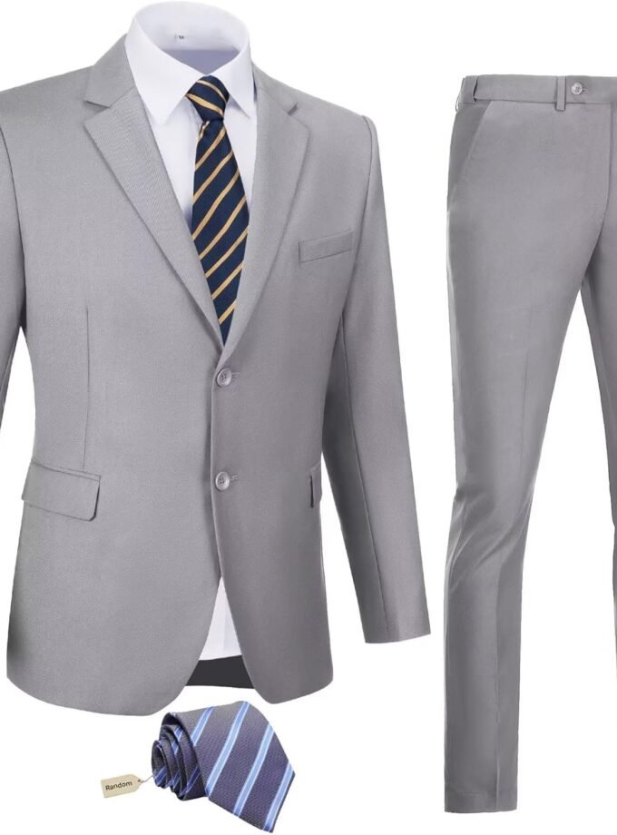 Mens 2 Piece Slim Fit Suit Set Two Button Solid Suit Jacket Pants with Tie Notch Lapel Casual Wedding Suits