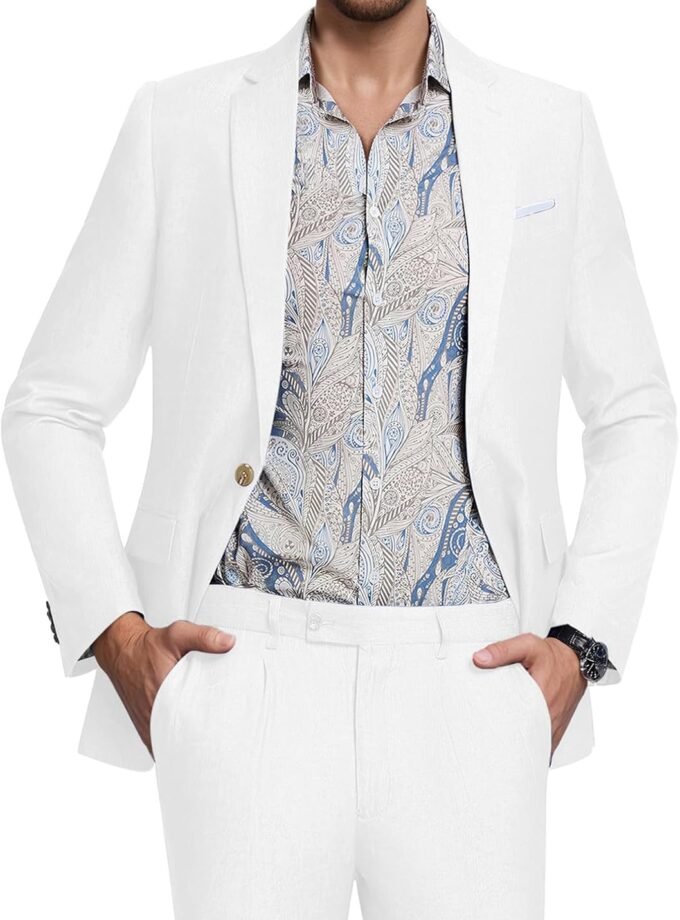 Men's Suit Tencel Linen Two Piece Slim Fit Summer Grooms Wedding Prom Dress Tuxedo Suits for Men Blazer Pants Set