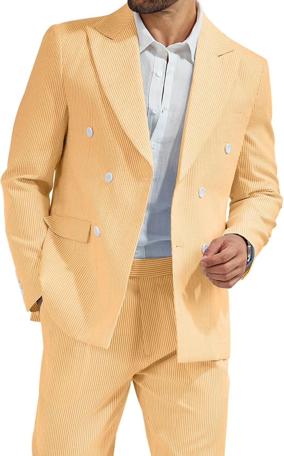 High-End Suits Men's Striped Seersucker Suits 2 Piece Slim Fit Wedding Double Breasted Tuxedo Summer Beach Suits Sets