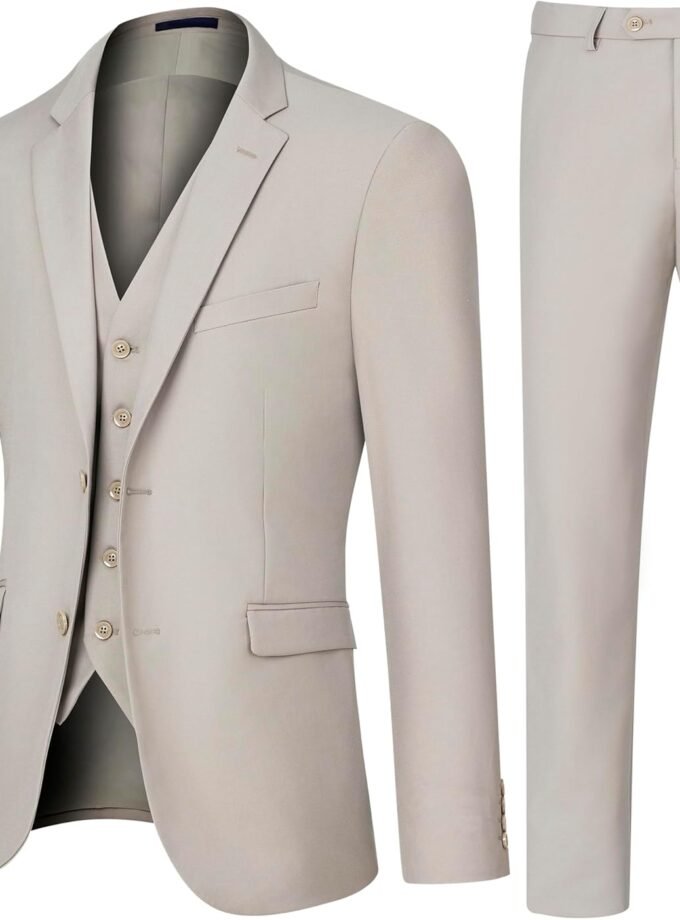 Men's Slim Fit 3 Piece Suit Set, Two Button Solid Blazer Jacket with Multi-Functional Pockets for Business/Party