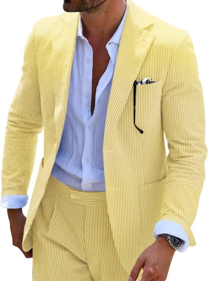 Men 2 Pieces Seersucker Suit Casual 2 Button Slim Fit Striped Suits for Men Summer Wedding Prom Suit Jacket Pants