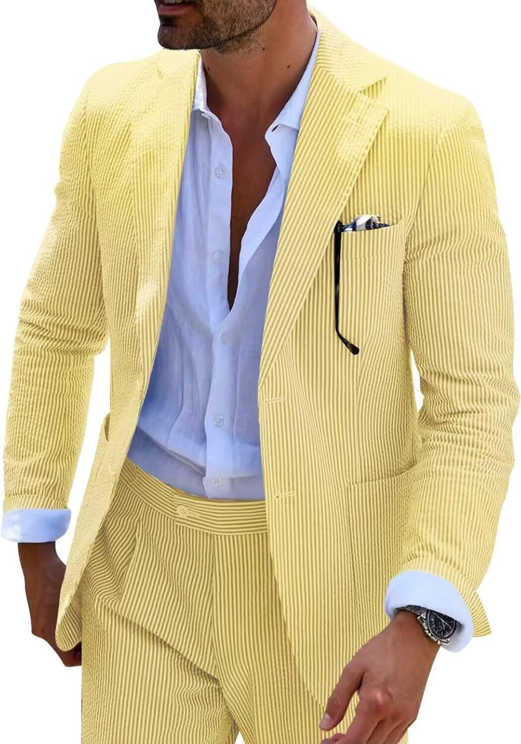 Men 2 Pieces Seersucker Suit Casual 2 Button Slim Fit Striped Suits for Men Summer Wedding Prom Suit Jacket Pants