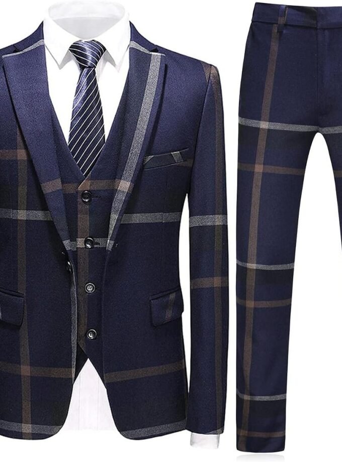 Mens Suits 3 Piece Check Plaid Suit Single Breasted One Button Jackets Formal Dress Party Prom Tuxedo Suits Blazer Set