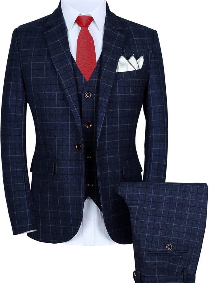 Mens 3-Piece Slim Fit Plaid Suit - Blazer, Vest, and Pants Set for Wedding, Prom, and Business