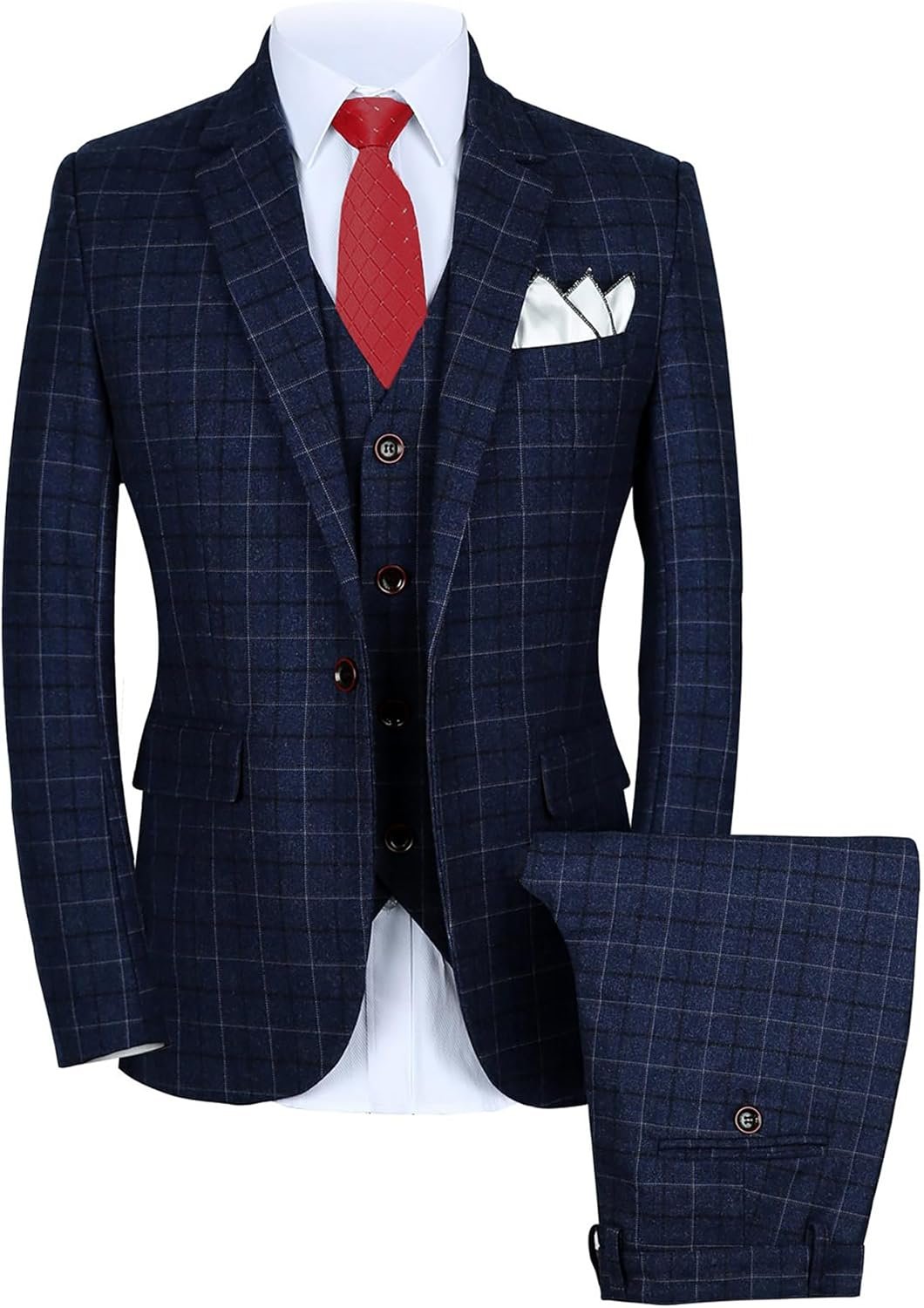 Mens 3-Piece Slim Fit Plaid Suit - Blazer, Vest, and Pants Set for Wedding, Prom, and Business