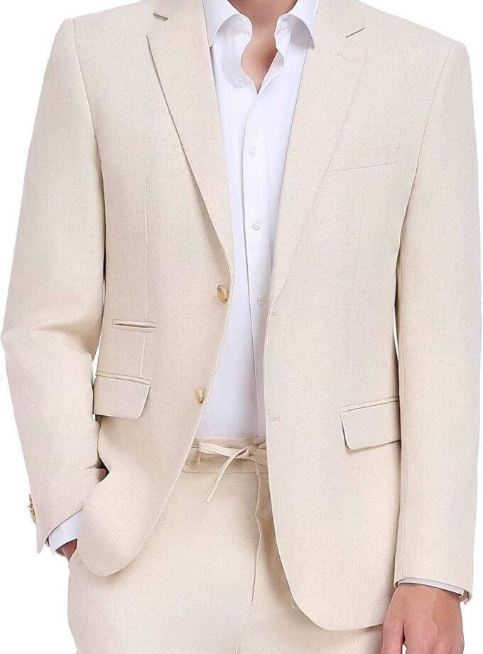 Men's Linen Suits 2 Piece Casual Regular Fit Linen Blazer Jacket and Pants for Summer Beach Wedding