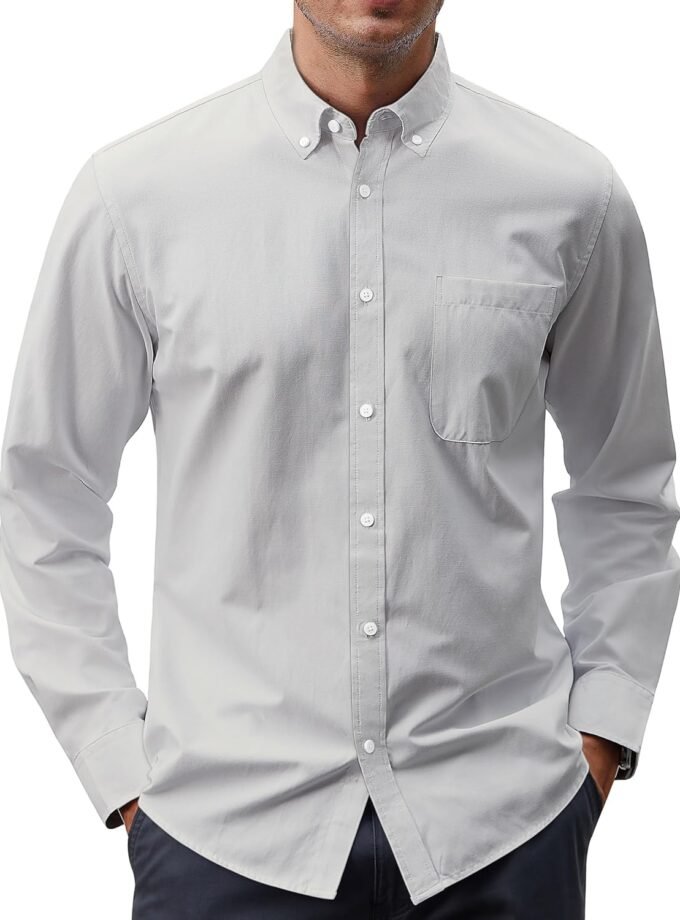 Men's Oxford Shirt Solid Casual Button Down Collar Shirts Long Sleeve Dress Shirts with Pocket