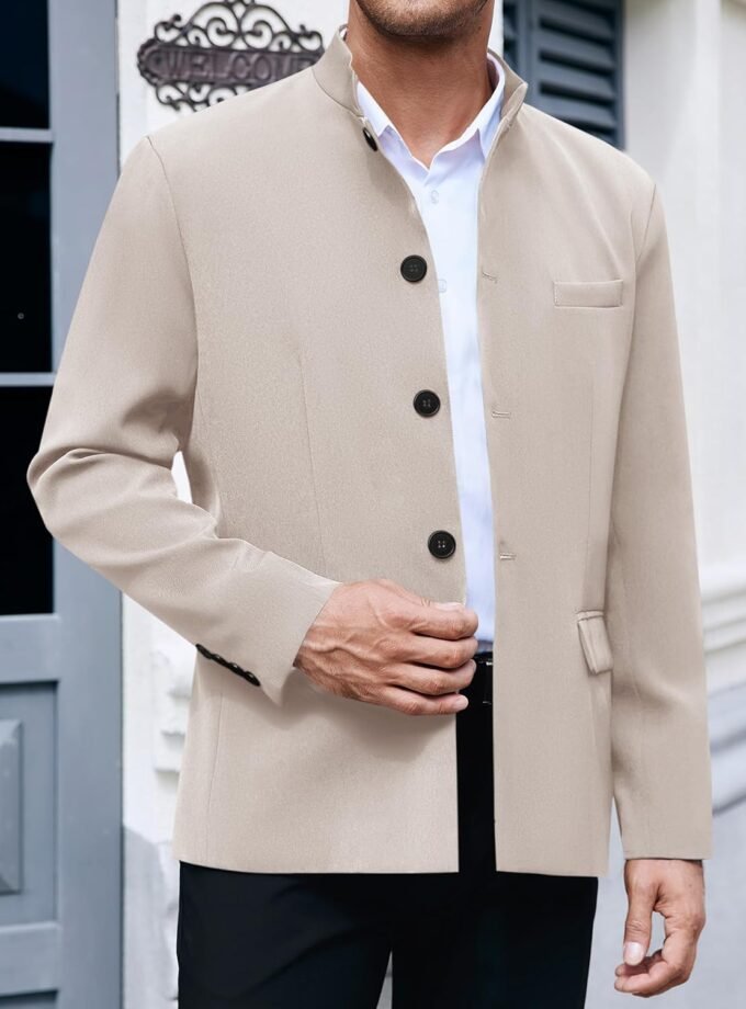 Mens Casual Suit Blazer Jackets Stand Mandarin Collar Lightweight Lined Business Dress Sport Coats