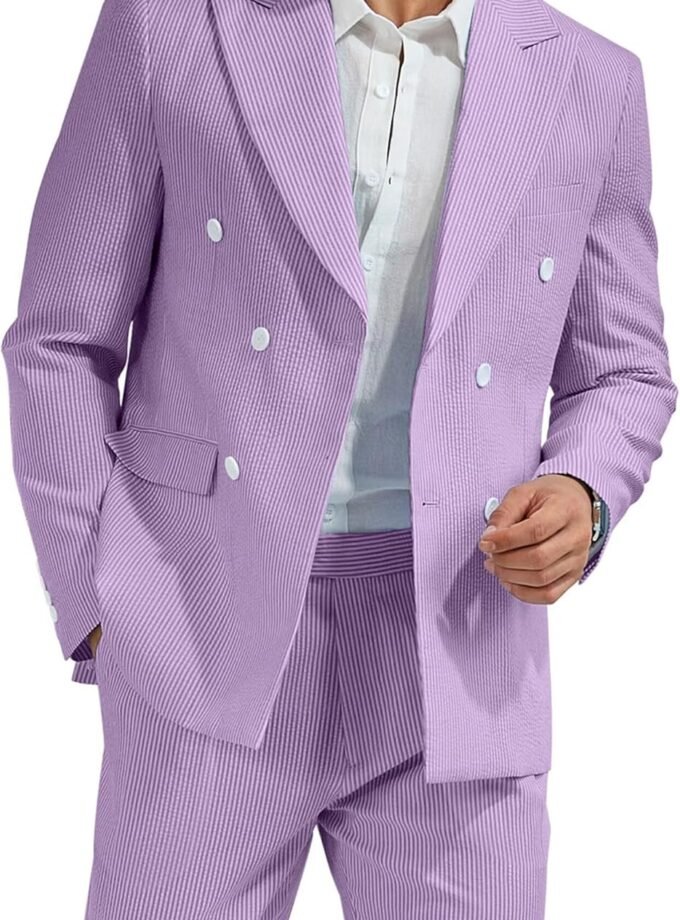 High-End Suits Men's Striped Seersucker Suits 2 Piece Slim Fit Wedding Double Breasted Tuxedo Summer Beach Suits Sets