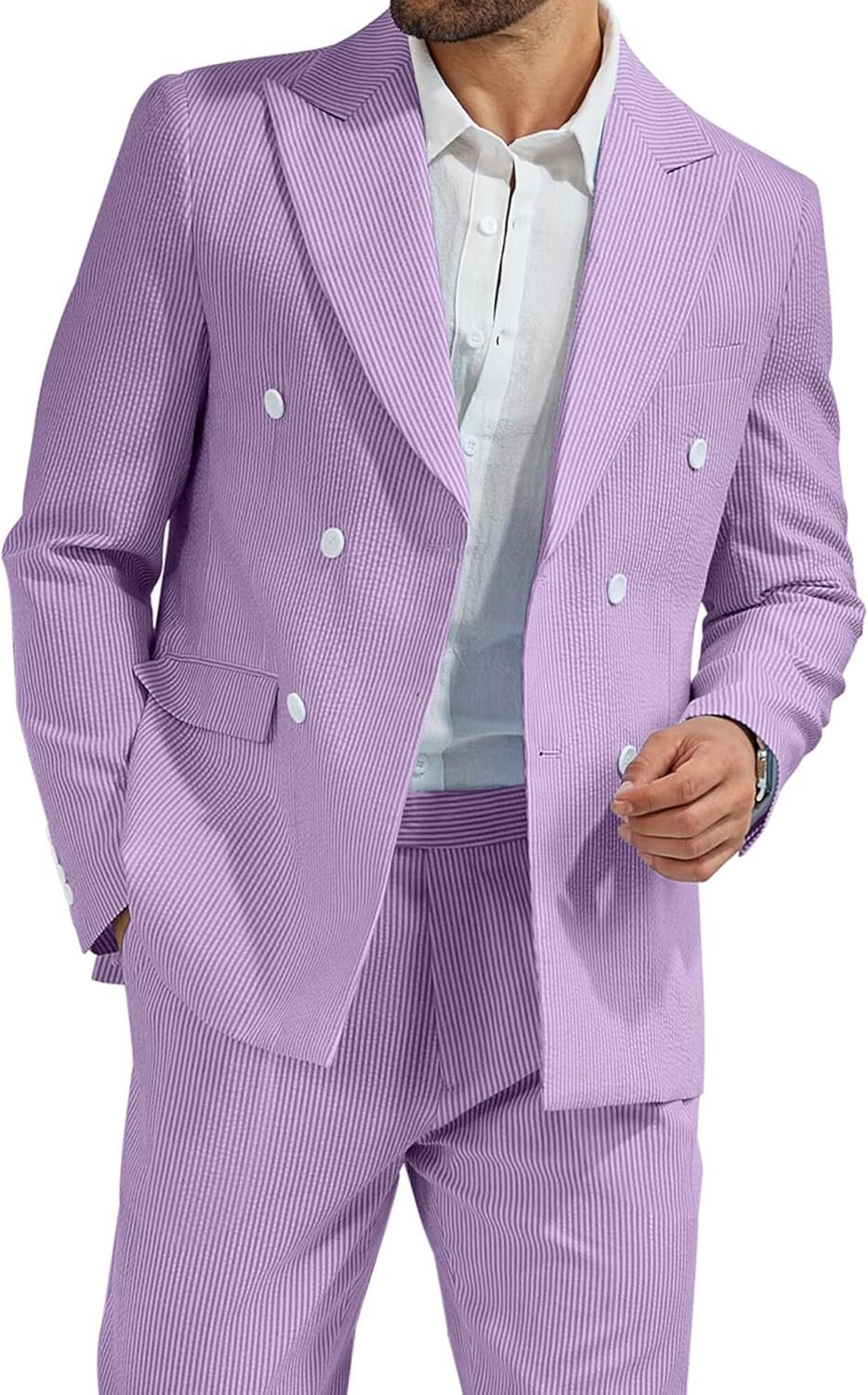 High-End Suits Men's Striped Seersucker Suits 2 Piece Slim Fit Wedding Double Breasted Tuxedo Summer Beach Suits Sets