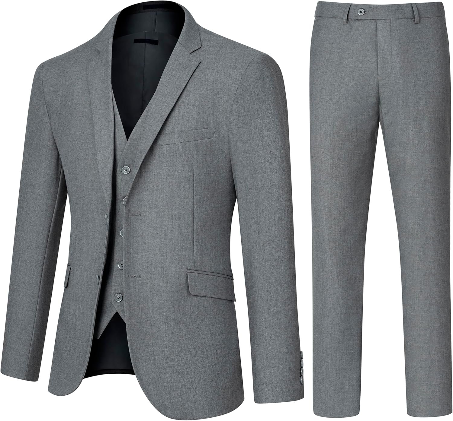 Men's Slim Fit 3 Piece Suit Set, Two Button Solid Blazer Jacket with Multi-Functional Pockets for Business/Party